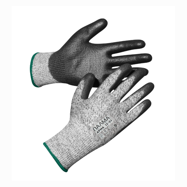 Перчатки противопорезные ПАЛМА АРМА 12-03 (полиуретановое покрытие) цв. серый с черным
