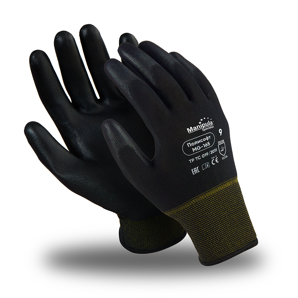 Перчатки нейлоновые ПОЛИСОФТ (MG-165) черные с черным полиуретаном