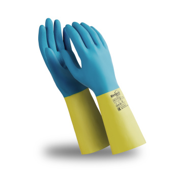 картинка Перчатки латексные СОЮЗ (CG-971/LN-F-05) латекс/неопрен цвет сине-желтый от магазина ПРОФИ+