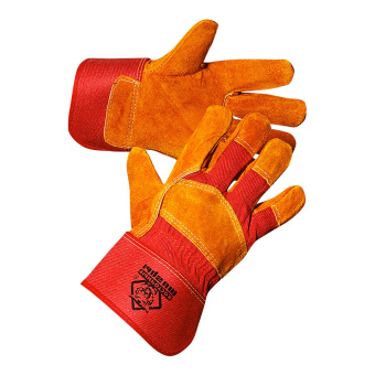 картинка Перчатки утепленные спилковые ВОСТОЧНЫЕ ТИГРЫ G130 искуственный мех цв желтый с красным от магазина ПРОФИ+