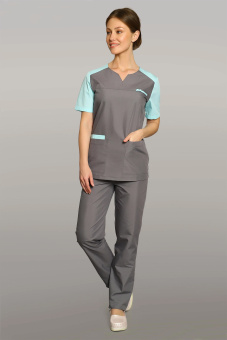 картинка Костюм медицинский хирургический 4-60-01-1 женский короткий рукав цв. серый с бирюзовым от магазина ПРОФИ+